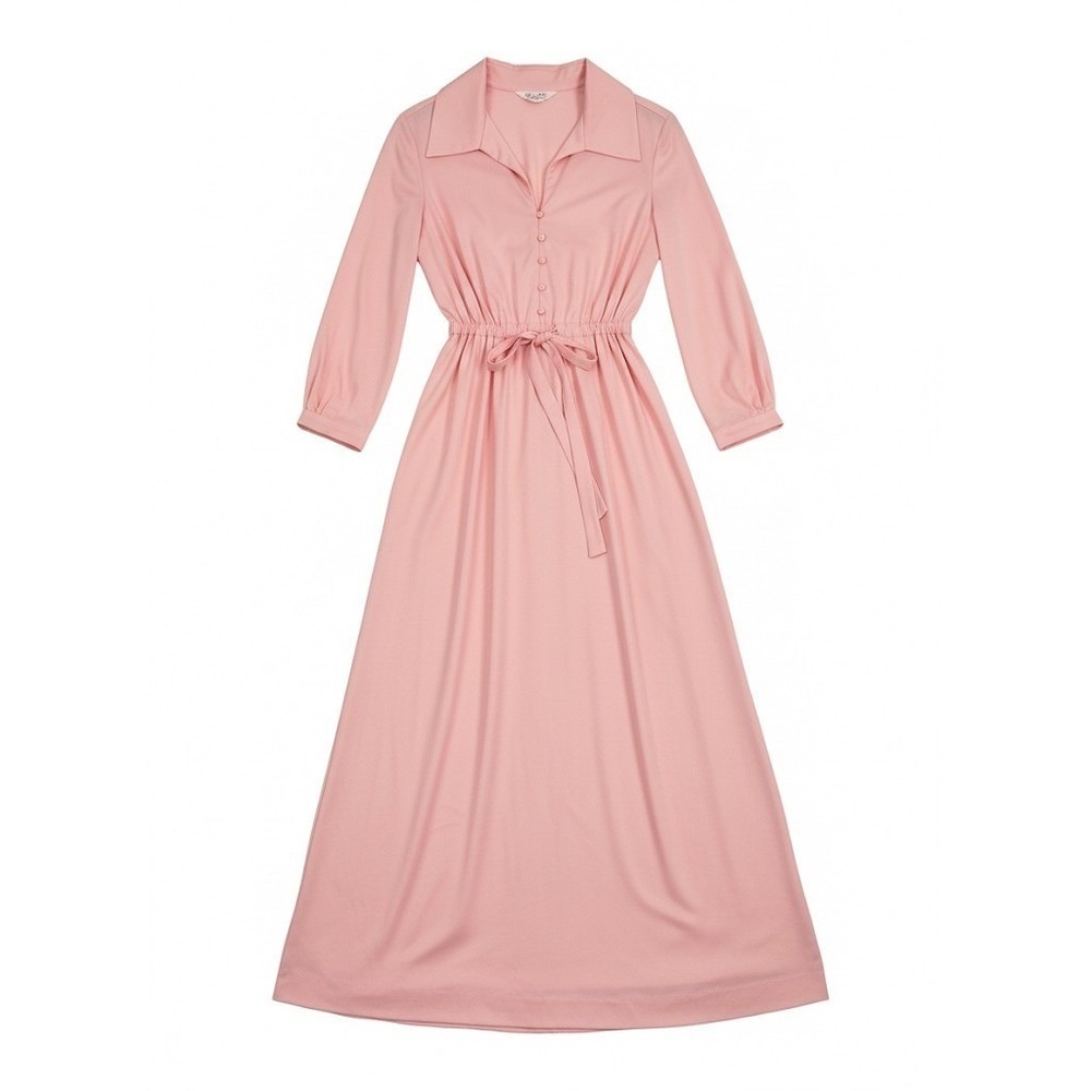 Vanity Fair Blush Pink Collared Long Sleeve Maxi Dress Belted Cinched Waist Sz M